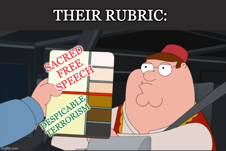 Family Guy Peter Racist Meme | SACRED
FREE
SPEECH DESPICABLE
TERRORISM THEIR RUBRIC: | image tagged in family guy peter racist meme | made w/ Imgflip meme maker