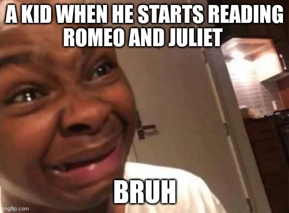 romeo and juliet | A KID WHEN HE STARTS READING
ROMEO AND JULIET; BRUH | image tagged in romeo and juliet | made w/ Imgflip meme maker