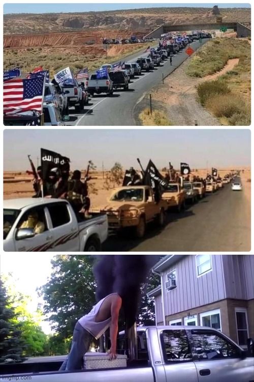 How reactionary cultures commit murder-suicide through regression | image tagged in trump isis parade,stupid coal roller,they're the same picture | made w/ Imgflip meme maker