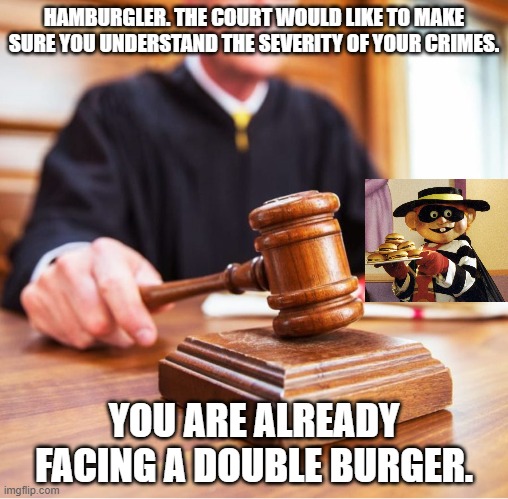 Hamburgler in court | HAMBURGLER. THE COURT WOULD LIKE TO MAKE SURE YOU UNDERSTAND THE SEVERITY OF YOUR CRIMES. YOU ARE ALREADY FACING A DOUBLE BURGER. | image tagged in funny | made w/ Imgflip meme maker