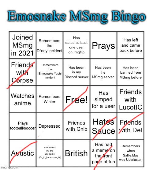 the thing i don’t like about these bingos is that it requires you to be an OG to get anything down | image tagged in emosnake msmg bingo | made w/ Imgflip meme maker