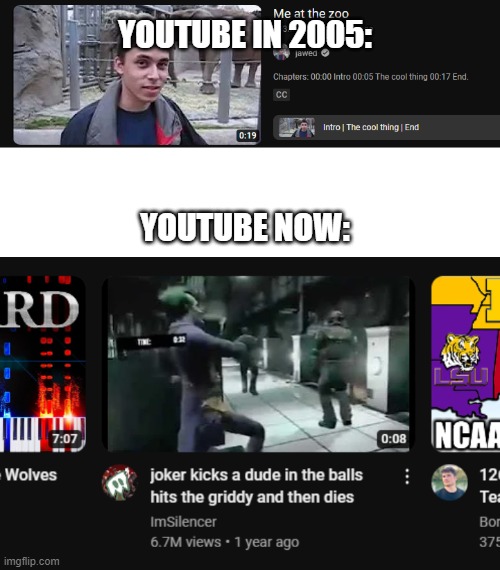 YOUTUBE IN 2005:; YOUTUBE NOW: | image tagged in memes | made w/ Imgflip meme maker