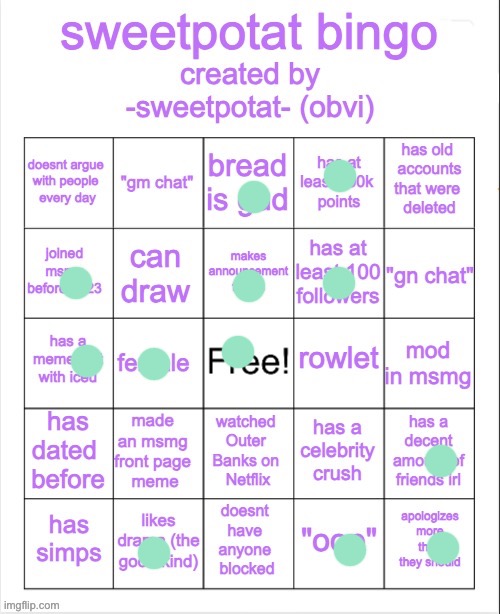 No bingo :( | image tagged in sweetpotat bingo | made w/ Imgflip meme maker