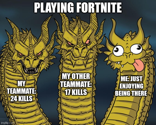 Three-headed Dragon | PLAYING FORTNITE; MY OTHER TEAMMATE: 17 KILLS; ME: JUST ENJOYING BEING THERE; MY TEAMMATE: 24 KILLS | image tagged in three-headed dragon | made w/ Imgflip meme maker