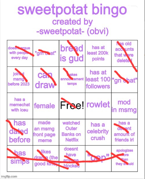 sweetpotat bingo! | image tagged in sweetpotat bingo | made w/ Imgflip meme maker