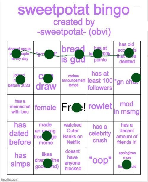 sweetpotat bingo! | image tagged in sweetpotat bingo | made w/ Imgflip meme maker