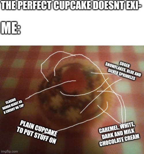 the perfect cupcake doesnt exi- | THE PERFECT CUPCAKE DOESNT EXI-; ME:; SUGER SNOWFLAKES, BLUE AND SILVER SPRINKLES; CLASSIC HARBO HEART AS A CHERRY ON TOP; CAREMEL, WHITE, DARK AND MILK CHOCOLATE CREAM; PLAIN CUPCAKE TO PUT STUFF ON | image tagged in blank white template,cupcake,perfection | made w/ Imgflip meme maker