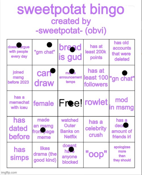 sweetpotat bingo! | image tagged in sweetpotat bingo | made w/ Imgflip meme maker