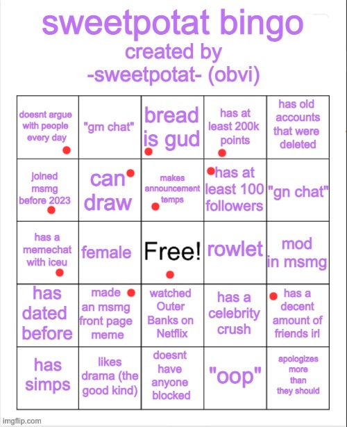 sweetpotat bingo! | image tagged in sweetpotat bingo | made w/ Imgflip meme maker