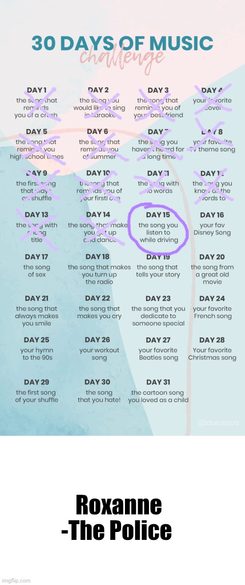 Day 15 | Roxanne
-The Police | image tagged in music challenge,memes | made w/ Imgflip meme maker