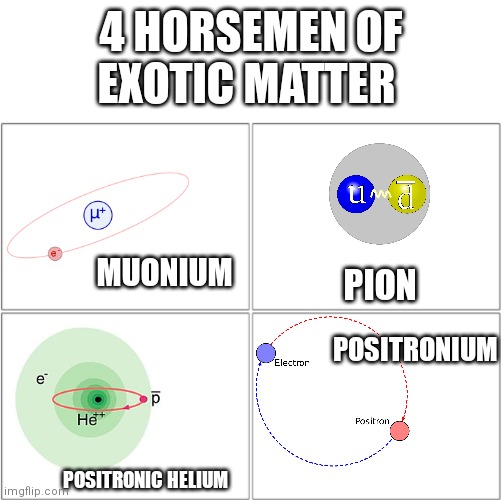 The 4 horsemen of... | 4 HORSEMEN OF EXOTIC MATTER; MUONIUM; PION; POSITRONIUM; POSITRONIC HELIUM | image tagged in the 4 horsemen of,memes,antimatter,chemistry,exotic matter | made w/ Imgflip meme maker