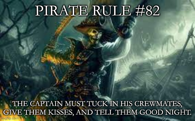 PIRATE RULE #82; THE CAPTAIN MUST TUCK IN HIS CREWMATES, GIVE THEM KISSES, AND TELL THEM GOOD NIGHT. | image tagged in funny,memes,pirate | made w/ Imgflip meme maker