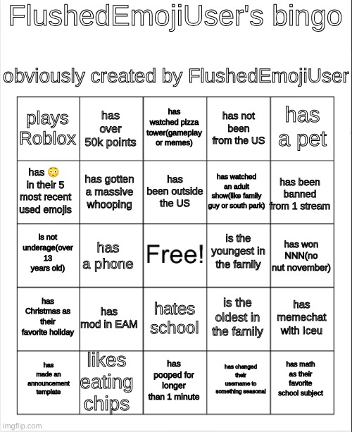 my own bingo | FlushedEmojiUser's bingo; obviously created by FlushedEmojiUser; has watched pizza tower(gameplay or memes); has over 50k points; has a pet; plays Roblox; has not been from the US; has been outside the US; has 😳  in their 5 most recent used emojis; has been banned from 1 stream; has watched an adult show(like family guy or south park); has gotten a massive whooping; is the youngest in the family; is not underage(over 13 years old); has won NNN(no nut november); has a phone; has Christmas as their favorite holiday; has mod in EAM; has memechat with Iceu; is the oldest in the family; hates school; likes eating chips; has math as their favorite school subject; has made an announcement template; has pooped for longer than 1 minute; has changed their username to something seasonal | image tagged in blank bingo | made w/ Imgflip meme maker