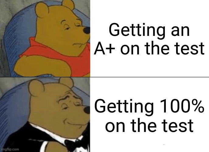 100%, no flaws. | Getting an A+ on the test; Getting 100% on the test | image tagged in memes,tuxedo winnie the pooh | made w/ Imgflip meme maker