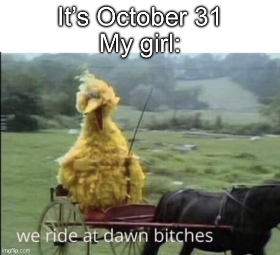 My girl | It’s October 31
My girl: | image tagged in we ride at dawn bitches,girl,girlfriend,sexually oblivious girlfriend | made w/ Imgflip meme maker