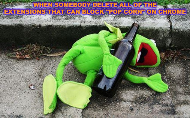 Drunk Kermit | WHEN SOMEBODY DELETE ALL OF THE EXTENSIONS THAT CAN BLOCK "POP CORN" ON CHROME | image tagged in drunk kermit | made w/ Imgflip meme maker