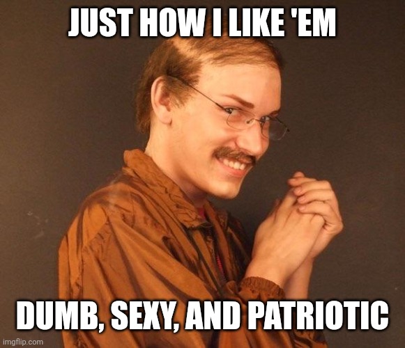 Creepy guy | JUST HOW I LIKE 'EM DUMB, SEXY, AND PATRIOTIC | image tagged in creepy guy | made w/ Imgflip meme maker