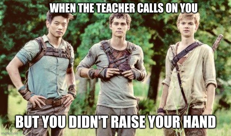 The iconic trio | WHEN THE TEACHER CALLS ON YOU; BUT YOU DIDN'T RAISE YOUR HAND | image tagged in the iconic trio | made w/ Imgflip meme maker