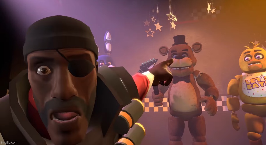 Demoman pointing at Freddy Fazbear | image tagged in demoman pointing at freddy fazbear | made w/ Imgflip meme maker