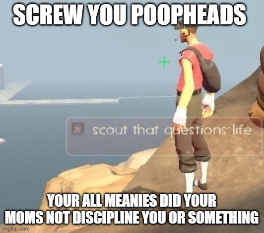 scout that questions life | SCREW YOU POOPHEADS; YOUR ALL MEANIES DID YOUR MOMS NOT DISCIPLINE YOU OR SOMETHING | image tagged in scout that questions life | made w/ Imgflip meme maker