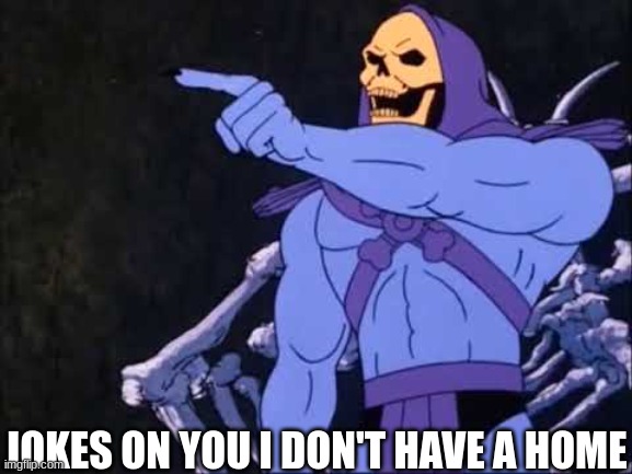 Skeletor | JOKES ON YOU I DON'T HAVE A HOME | image tagged in skeletor | made w/ Imgflip meme maker