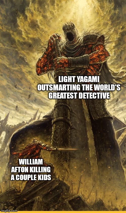 Context: https://imgflip.com/i/85n69p | LIGHT YAGAMI OUTSMARTING THE WORLD'S GREATEST DETECTIVE; WILLIAM AFTON KILLING A COUPLE KIDS | image tagged in fantasy painting | made w/ Imgflip meme maker