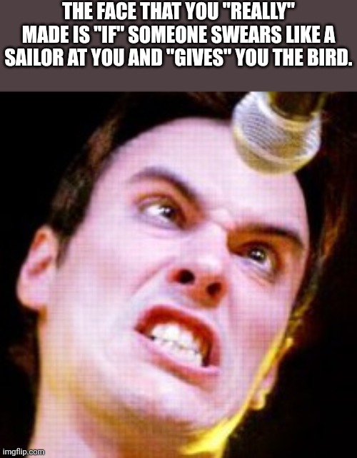 Breaking Benjamin meme | THE FACE THAT YOU "REALLY" MADE IS "IF" SOMEONE SWEARS LIKE A SAILOR AT YOU AND "GIVES" YOU THE BIRD. | image tagged in angry benjamin burnley,memes | made w/ Imgflip meme maker