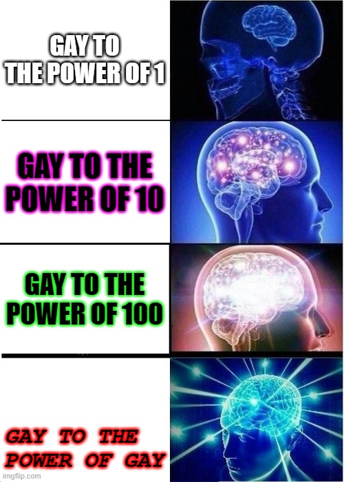 agree | GAY TO THE POWER OF 1; GAY TO THE POWER OF 10; GAY TO THE POWER OF 100; GAY TO THE POWER OF GAY | image tagged in memes,expanding brain | made w/ Imgflip meme maker