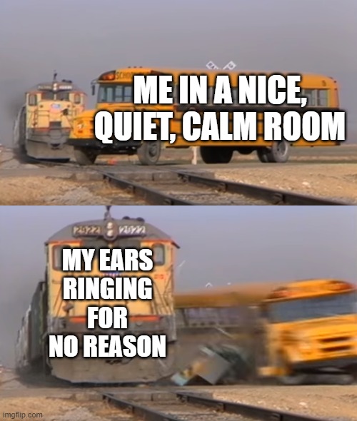 bruh why | ME IN A NICE, QUIET, CALM ROOM; MY EARS RINGING FOR NO REASON | image tagged in a train hitting a school bus,memes,relatable,quiet,annoying,why | made w/ Imgflip meme maker