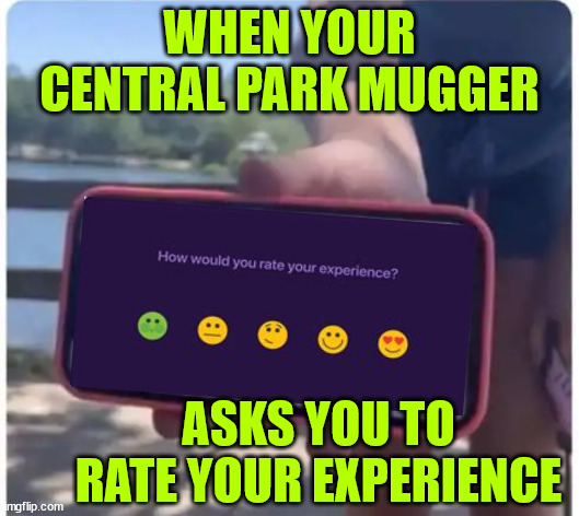 Rate your experience | WHEN YOUR CENTRAL PARK MUGGER; ASKS YOU TO RATE YOUR EXPERIENCE | image tagged in dark humour,park,criminal,experience,ratings | made w/ Imgflip meme maker