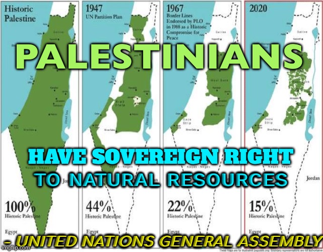 Palestinians Have Sovereign Right to Natural Resources - UNGA | PALESTINIANS; HAVE SOVEREIGN RIGHT; TO NATURAL RESOURCES; - UNITED NATIONS GENERAL ASSEMBLY | image tagged in palestine map,war,middle east,genocide,palestine,religion | made w/ Imgflip meme maker