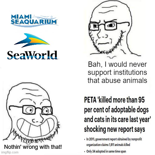 If you support Peta, you're a terrible person | Bah, I would never support institutions that abuse animals; Nothin' wrong with that! | image tagged in so true wojak,animals,animal welfare,memes | made w/ Imgflip meme maker
