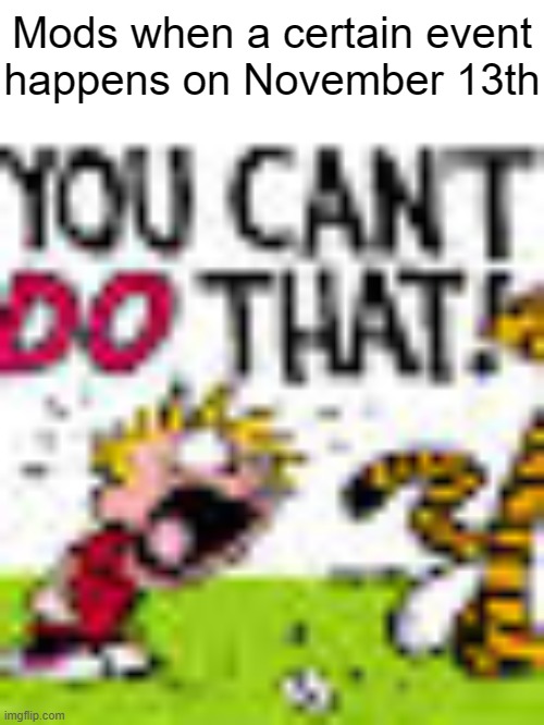 The Regular Pig | Mods when a certain event
happens on November 13th | image tagged in calvin and hobbes you can't do that | made w/ Imgflip meme maker