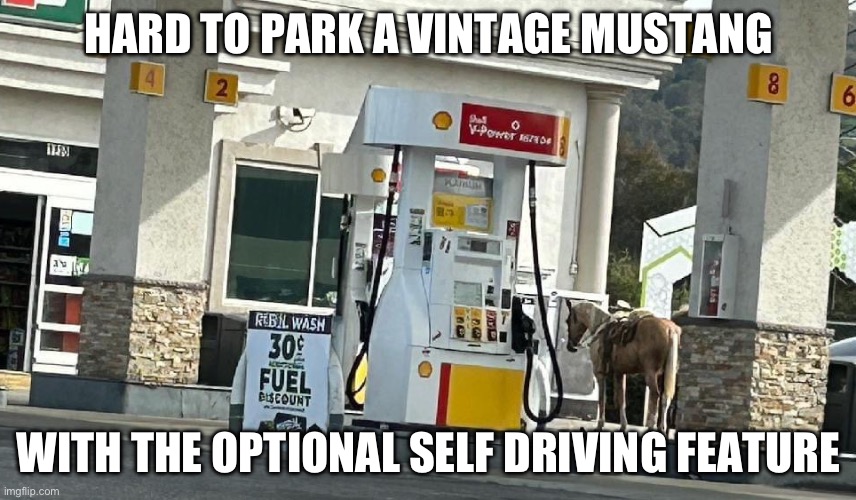 Mustang | HARD TO PARK A VINTAGE MUSTANG; WITH THE OPTIONAL SELF DRIVING FEATURE | image tagged in mustang,ford mustang,parking,fuel | made w/ Imgflip meme maker