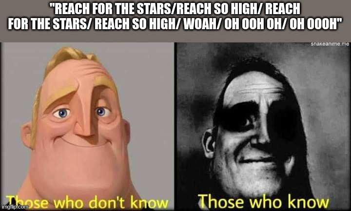 Ok, last one before bed- | "REACH FOR THE STARS/REACH SO HIGH/ REACH FOR THE STARS/ REACH SO HIGH/ WOAH/ OH OOH OH/ OH OOOH" | image tagged in those who don't know | made w/ Imgflip meme maker