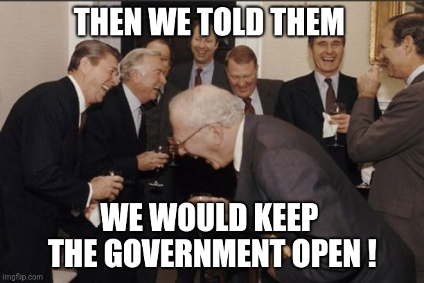 shutdown | THEN WE TOLD THEM; WE WOULD KEEP 
THE GOVERNMENT OPEN ! | image tagged in memes,laughing men in suits | made w/ Imgflip meme maker