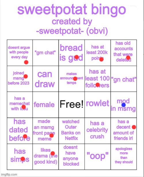 considered. anyway blue is cuz used to and removed it | image tagged in sweetpotat bingo | made w/ Imgflip meme maker