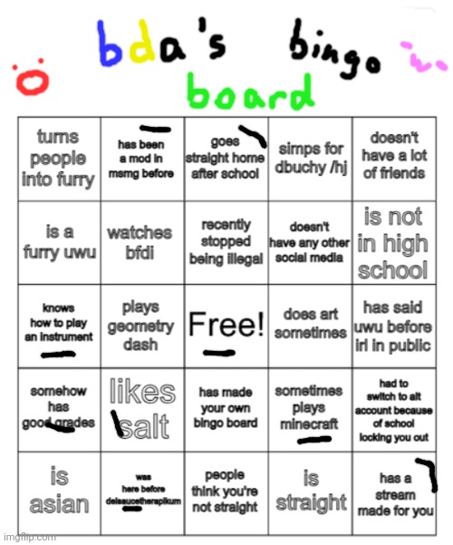 Bingo | image tagged in bda bingo board,memes,funny,bingo | made w/ Imgflip meme maker