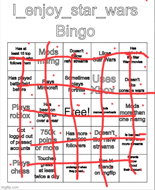 Idk why I’m taking my own bingo :skull: | image tagged in i_enjoy_star_wars imgflip bingo | made w/ Imgflip meme maker