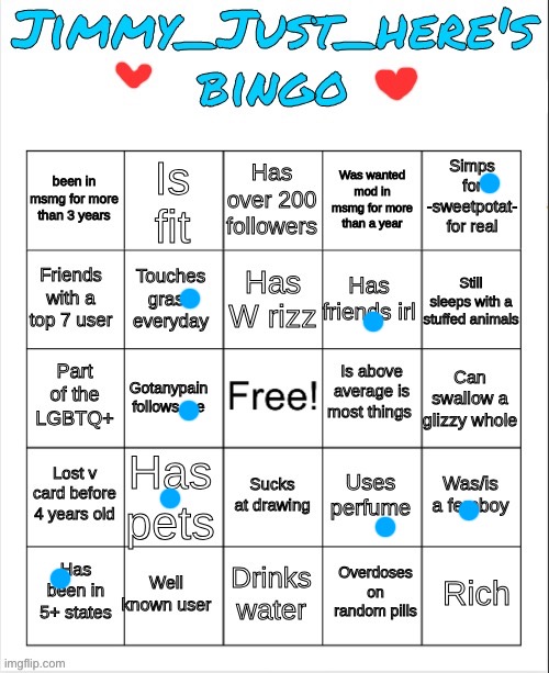 yes i simp for sweetpotat | image tagged in jimmy_just_here's bingo | made w/ Imgflip meme maker