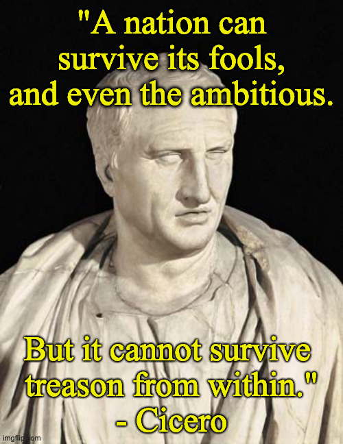 Cicero on Treason | "A nation can survive its fools,
and even the ambitious. But it cannot survive 
treason from within."

- Cicero | image tagged in cicero | made w/ Imgflip meme maker