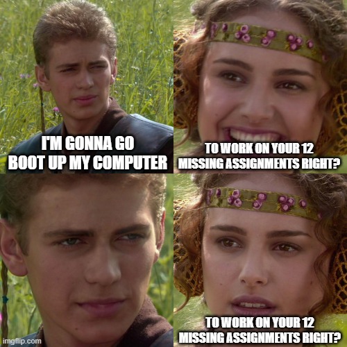no | I'M GONNA GO BOOT UP MY COMPUTER; TO WORK ON YOUR 12 MISSING ASSIGNMENTS RIGHT? TO WORK ON YOUR 12 MISSING ASSIGNMENTS RIGHT? | image tagged in anakin padme 4 panel,starwars,gamer,school,bad decision,homework | made w/ Imgflip meme maker