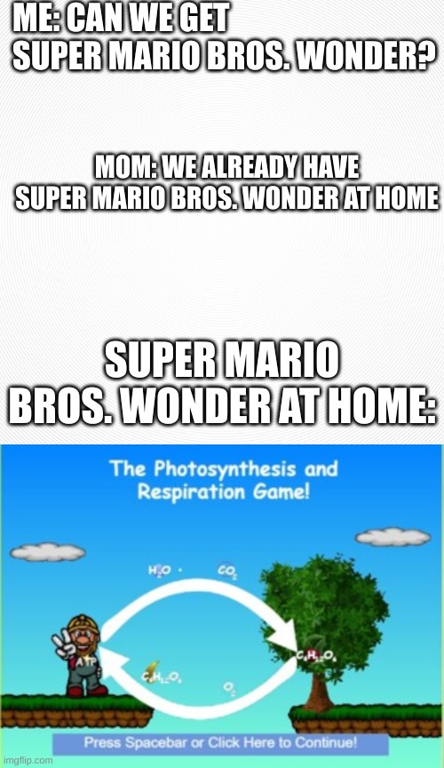 I love how they implemented photosynthesis in the new Mario game | ME: CAN WE GET SUPER MARIO BROS. WONDER? MOM: WE ALREADY HAVE SUPER MARIO BROS. WONDER AT HOME; SUPER MARIO BROS. WONDER AT HOME: | image tagged in memes,video games | made w/ Imgflip meme maker