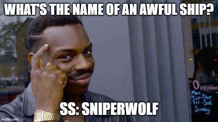 xD | WHAT'S THE NAME OF AN AWFUL SHIP? SS: SNIPERWOLF | image tagged in memes,roll safe think about it | made w/ Imgflip meme maker