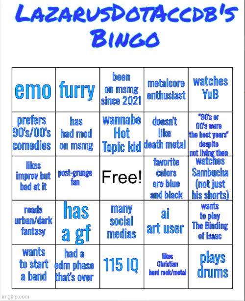 imma make this a temp rq | LazarusDotAccdb's
Bingo; been on msmg since 2021; furry; watches YuB; emo; metalcore enthusiast; wannabe Hot Topic kid; prefers 90's/00's comedies; "90's or 00's were the best years" despite not living then; doesn't like death metal; has had mod on msmg; likes improv but bad at it; watches Sambucha (not just his shorts); post-grunge fan; favorite colors are blue and black; reads urban/dark fantasy; has a gf; wants to play The Binding of Isaac; ai art user; many social medias; had a edm phase that's over; plays drums; wants to start a band; 115 IQ; likes Christian hard rock/metal | image tagged in blank bingo | made w/ Imgflip meme maker
