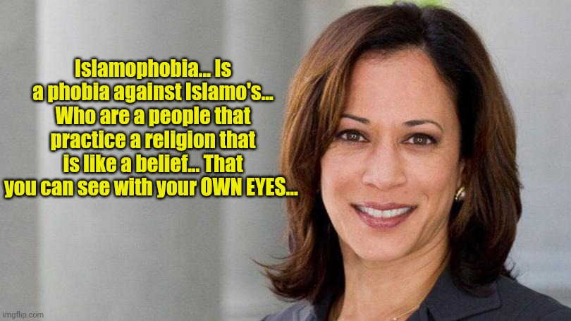 Kamala Harris space on left 810x455 | Islamophobia... Is a phobia against Islamo's... Who are a people that practice a religion that is like a belief... That you can see with you | image tagged in kamala harris space on left 810x455 | made w/ Imgflip meme maker