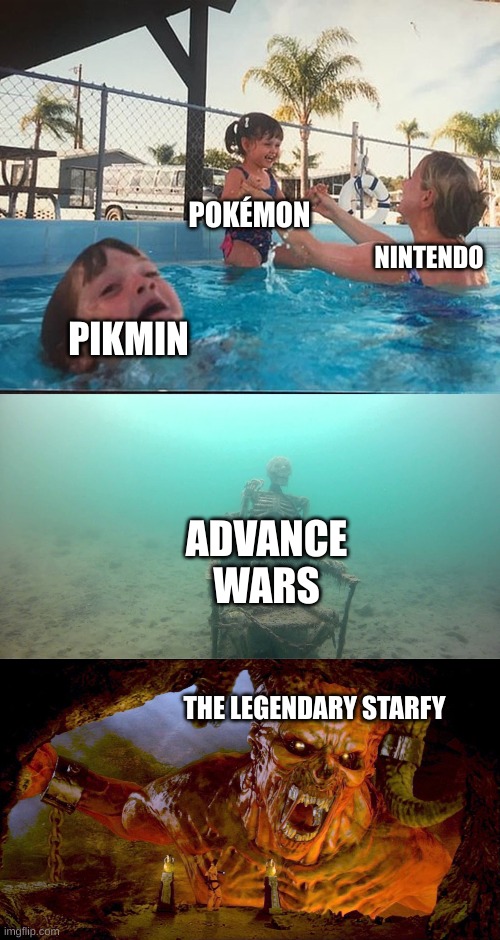 What happend to The Legendary Starfy anyway? | POKÉMON; NINTENDO; PIKMIN; ADVANCE WARS; THE LEGENDARY STARFY | image tagged in mother ignoring kid drowning in a pool | made w/ Imgflip meme maker