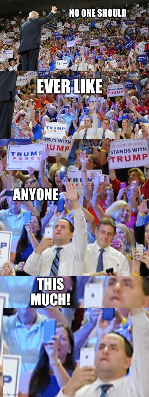 NO ONE SHOULD; EVER LIKE; ANYONE; THIS MUCH! | image tagged in trump rally | made w/ Imgflip meme maker