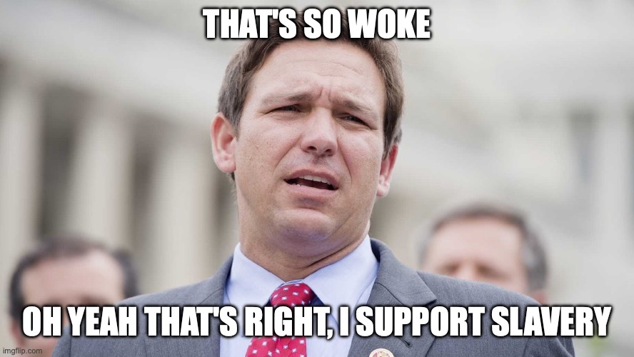 Ron Desantis | THAT'S SO WOKE OH YEAH THAT'S RIGHT, I SUPPORT SLAVERY | image tagged in ron desantis | made w/ Imgflip meme maker