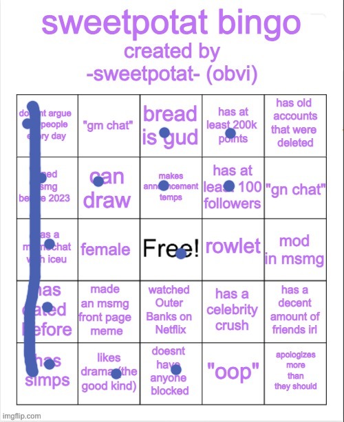 sweetpotat bingo! | image tagged in sweetpotat bingo | made w/ Imgflip meme maker